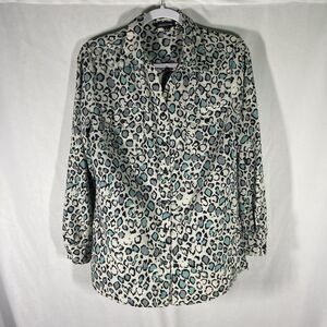 NOTATIONS  white blue gray animal print long sleeve button up top S